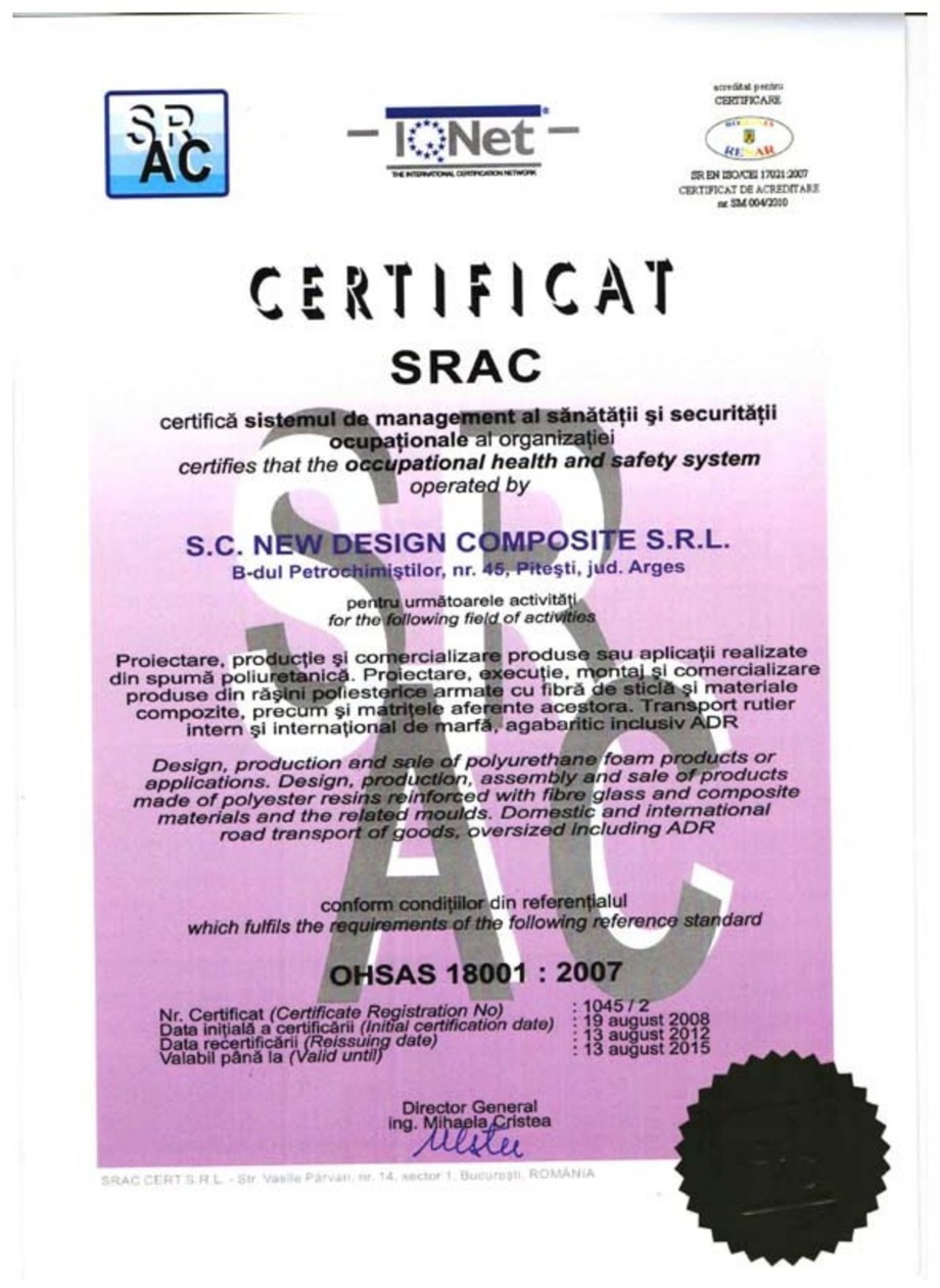Pagina 1-Certificat SRAC OHSAS 18001-2007 NEW DESIGN COMPOSITE Certificare produs Romana, Engleza 