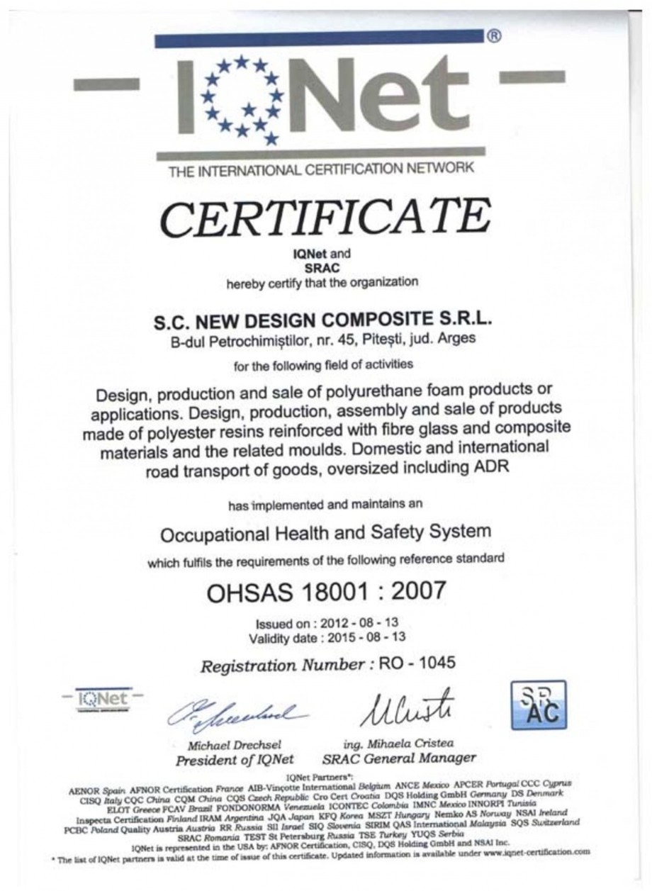 Pagina 1 - Certificat SRAC-IQNET OHSAS 18001-2007 NEW DESIGN COMPOSITE Certificare produs Engleza 