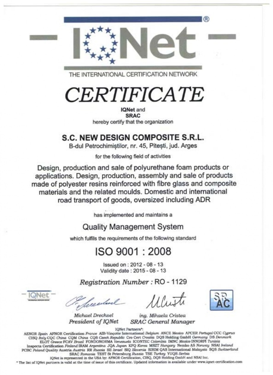 Pagina 1 - Certificat ISO SRAC-IQNET 9001-2008 NEW DESIGN COMPOSITE Certificare produs Engleza 