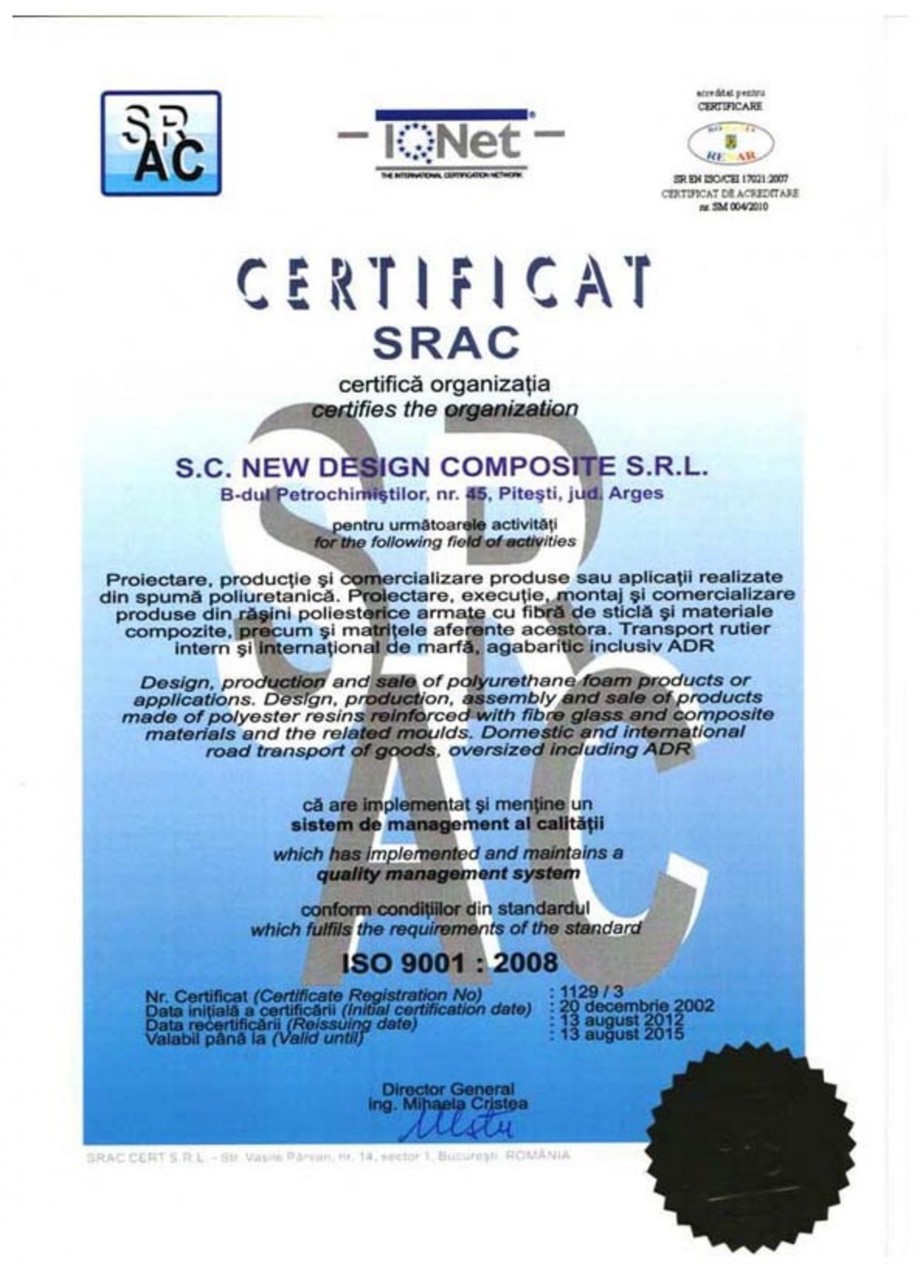 Pagina 1 - Certificat ISO SRAC 9001-2008 NEW DESIGN COMPOSITE Certificare produs Romana, Engleza 