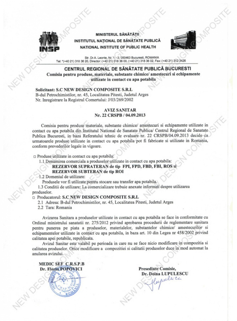 Pagina 1-Aviz sanitar pentru rezervoare utilizate in contact cu apa potabila NEW DESIGN COMPOSITE ROI...