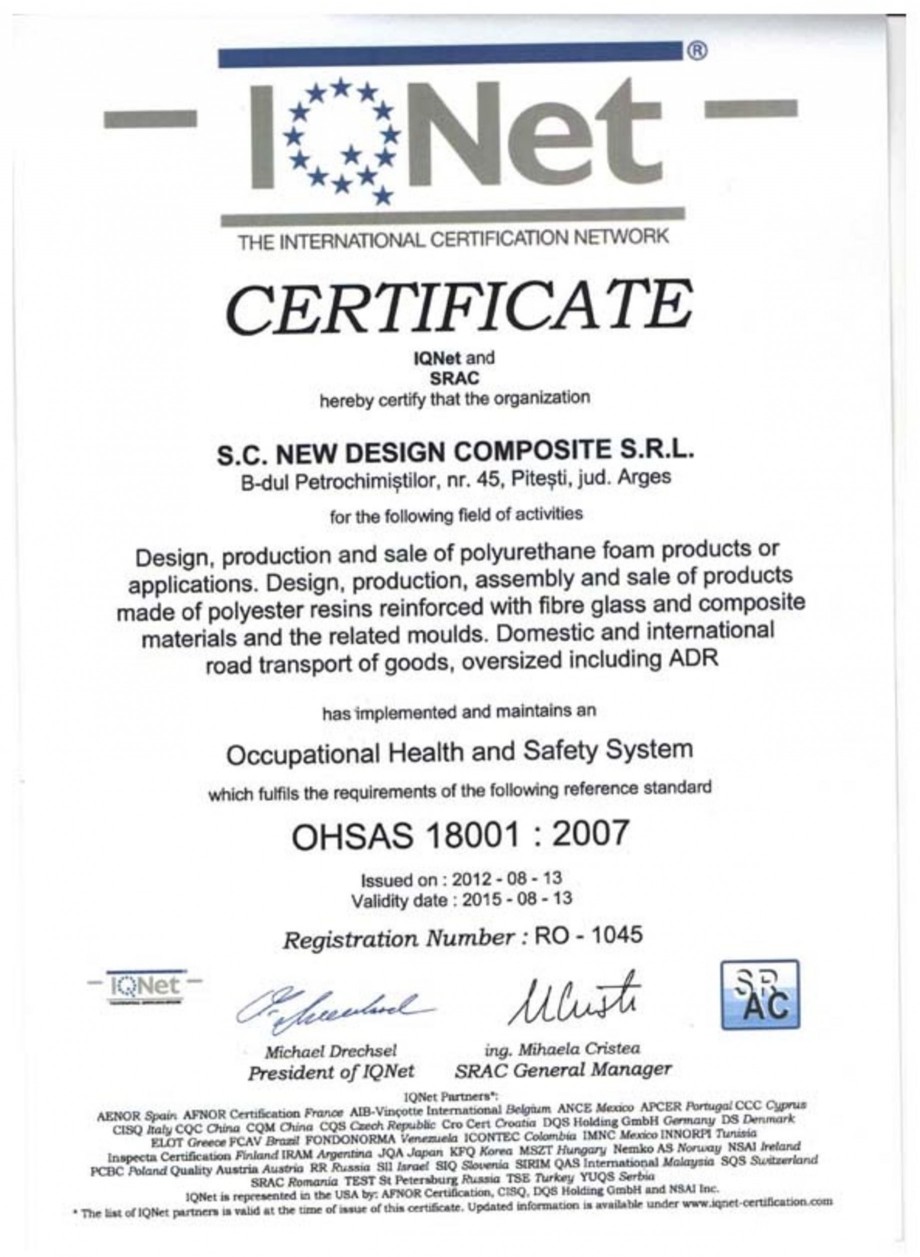 Pagina 1-Certificat SRAC-IQNET OHSAS 18001-2007 NEW DESIGN COMPOSITE Certificare produs Engleza 