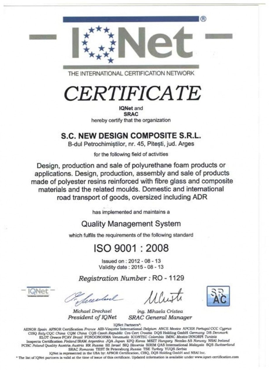 Pagina 1-Certificat ISO SRAC-IQNET 9001-2008 NEW DESIGN COMPOSITE Certificare produs Engleza 