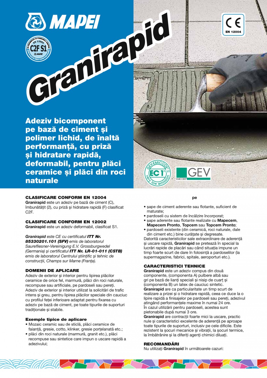 Adeziv Bicomponent Pe Baza De Ciment Si Polimer Lichid Pentru Placi Ceramice Si Placi Din Roci Naturale Mapei Granirapid Fisa Tehnica Romana