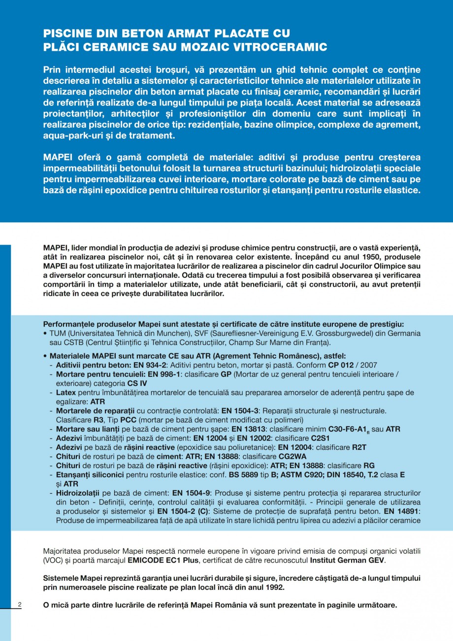 Pagina 2-Ghid constructia piscinelor din beton armat MAPEI ADESILEX P9, ADESILEX P9 EXPRESS, ELASTORAPID,...