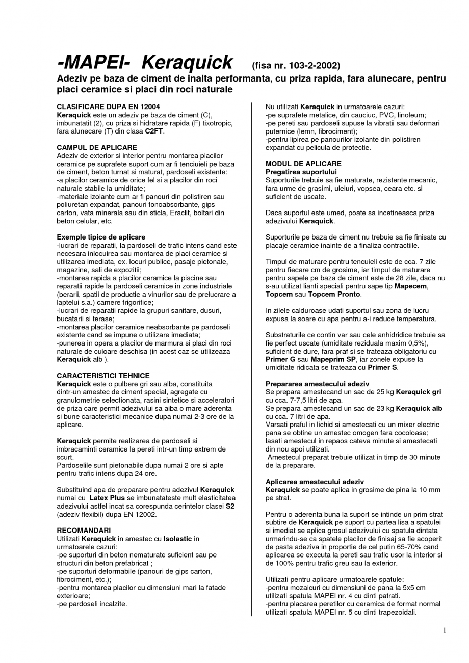 Pagina 1-Adeziv pe baza de ciment de inalta performanta, cu priza rapida, fara alunecare, pentru placi...