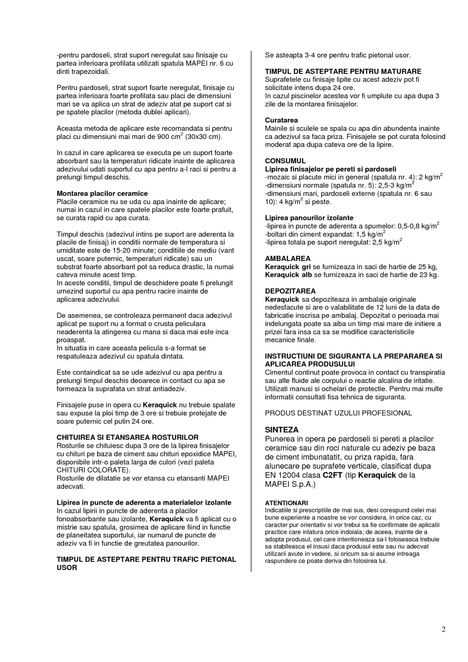 Pagina 2-Adeziv pe baza de ciment de inalta performanta, cu priza rapida, fara alunecare, pentru placi...