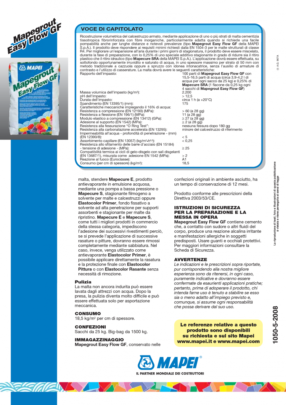 Pagina 4-Mortar monocomponent cu contractie compensata MAPEI Mapegrout Easy Flow GF Fisa tehnica Italiana...