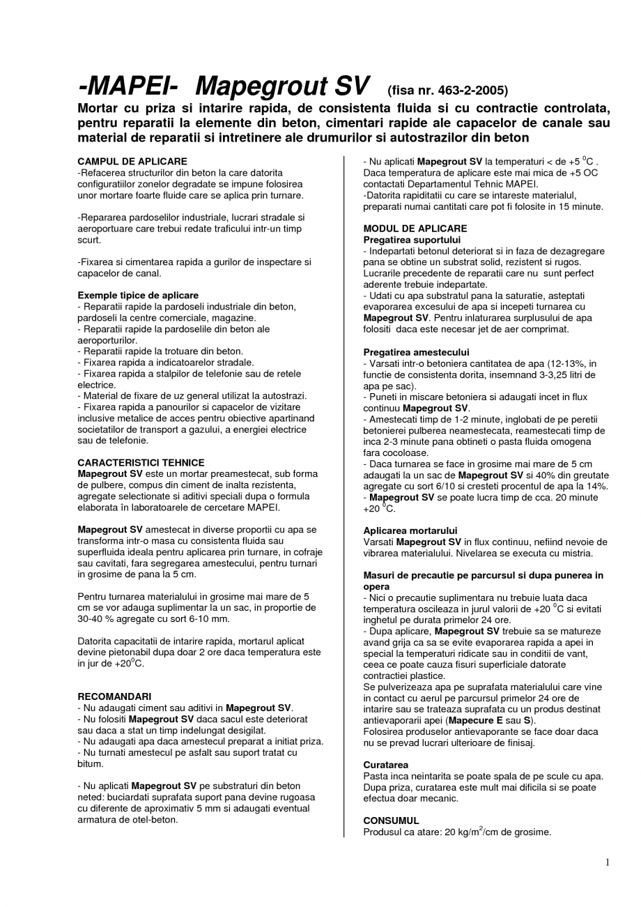 Pagina 1-Mortar monocomponent, cu contractie controlata MAPEI Mapegrout SV Fisa tehnica Romana -MAPEI-...