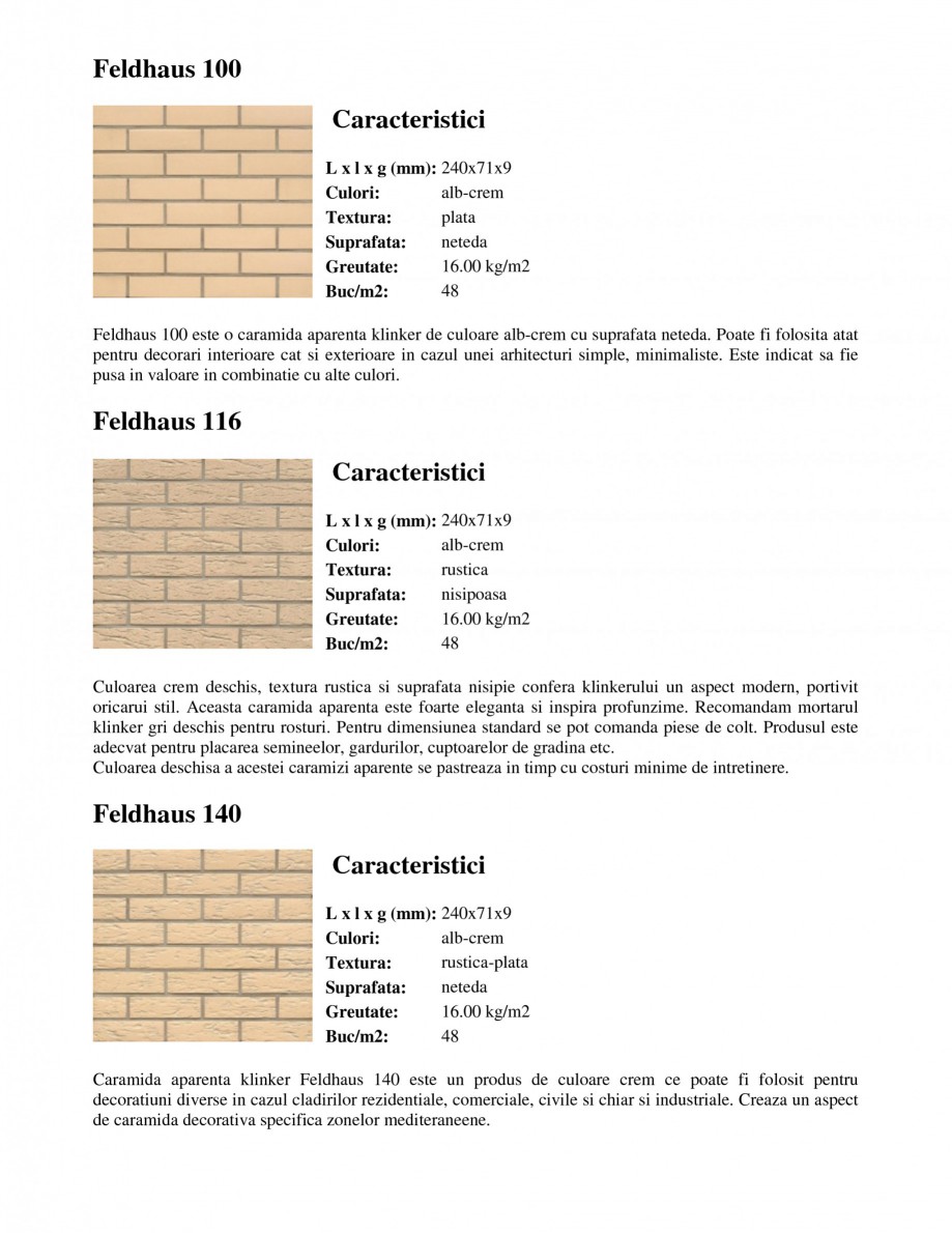Pagina 1-Caramida aparenta klinker KROMSTON Feldhaus 100, Feldhaus 116, Feldhaus 140, Feldhaus 200, Feldhaus ...