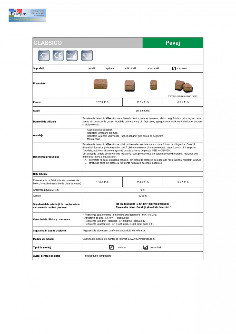 Pagina 1-Pavaj din beton SEMMELROCK STEIN+DESIGN Fisa tehnica Romana CLASSICO

Pavaj

Suprafa

periat

sp lat...