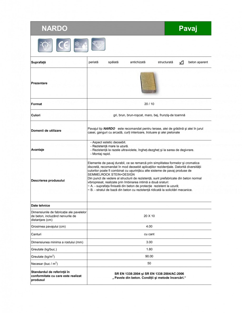 Pagina 1-Pavaj din beton SEMMELROCK STEIN+DESIGN NARDO Fisa tehnica Romana NARDO

Pavaj

Suprafaţă
...