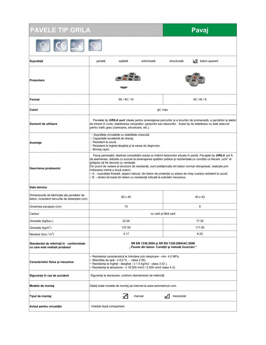 Pagina 1-Pavaj permeabil din beton SEMMELROCK STEIN+DESIGN PAVAJE GRILA Fisa tehnica Romana PAVELE TIP GRILA
...