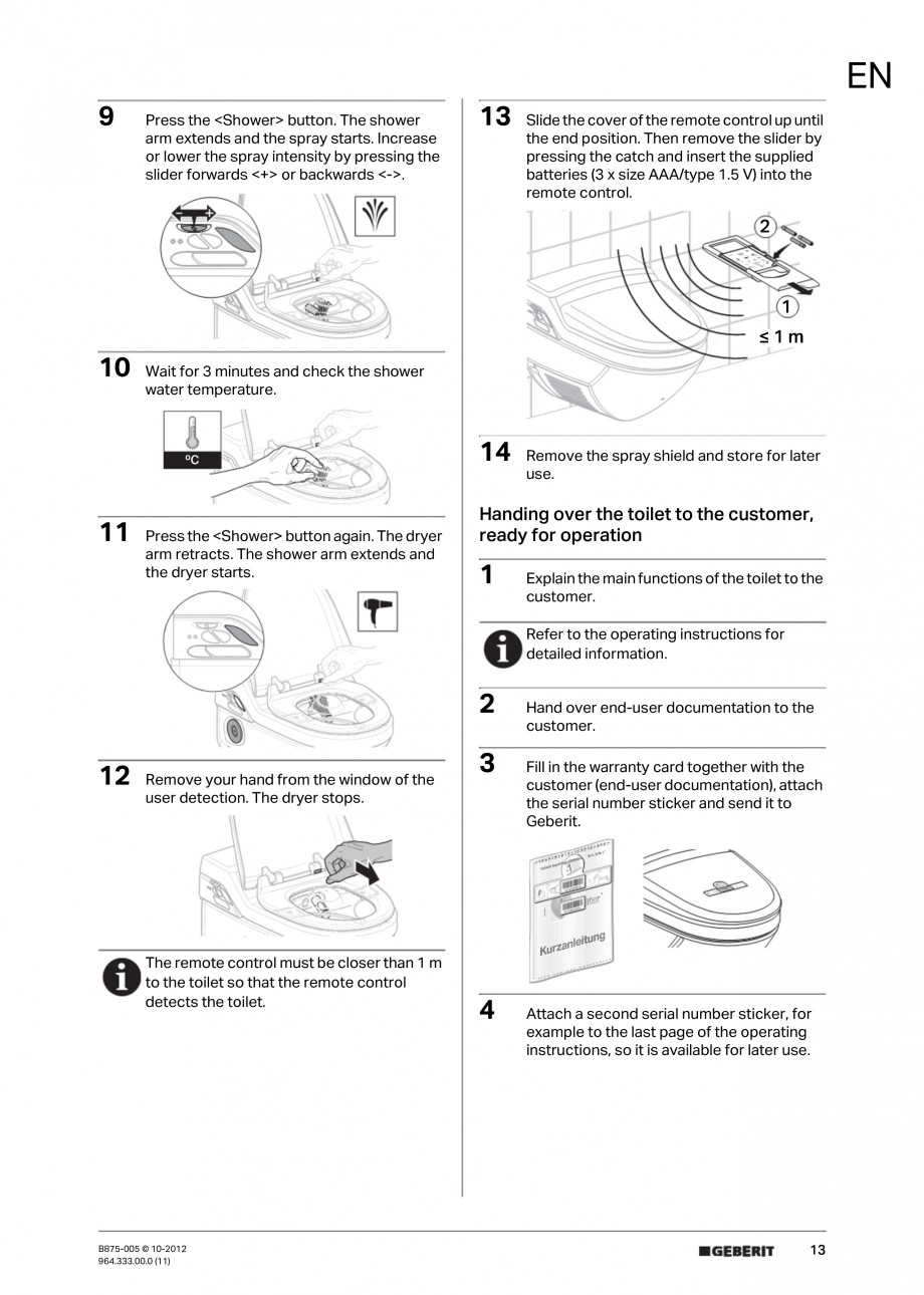 Pagina 13-Vas WC cu jet de apa reglabil individual 8000plus GEBERIT AquaClean Instructiuni montaj, utilizare...