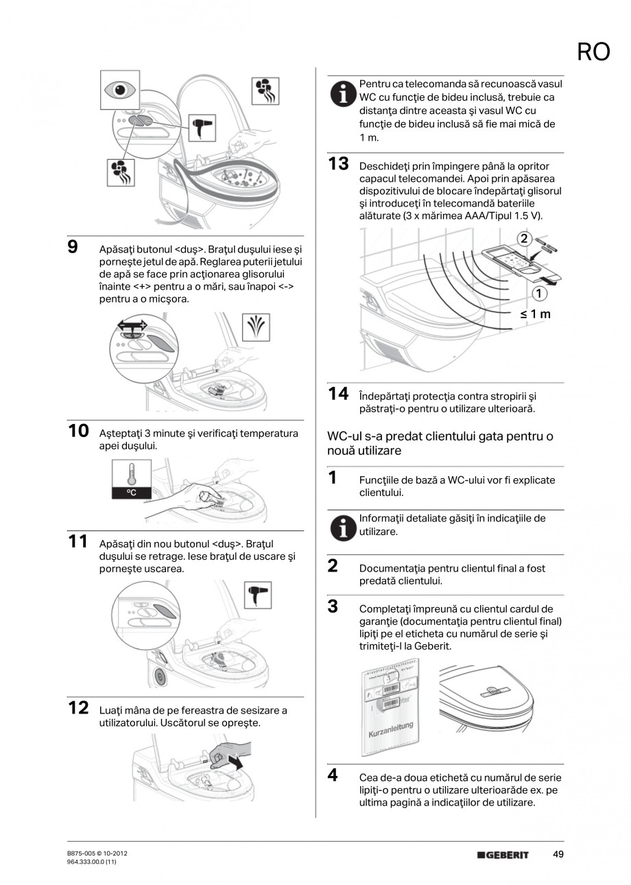 Pagina 49-Vas WC cu jet de apa reglabil individual 8000plus GEBERIT AquaClean Instructiuni montaj, utilizare...