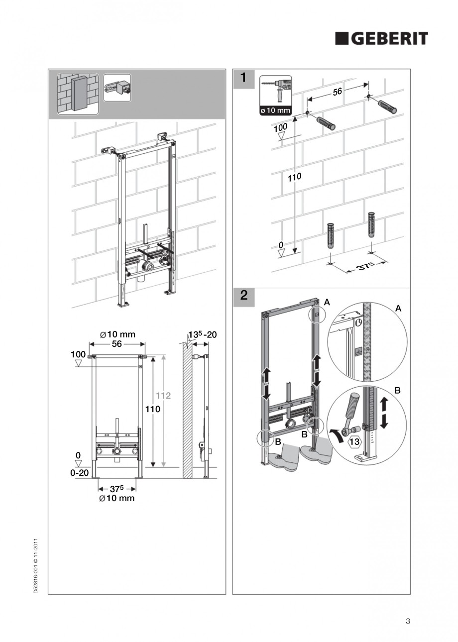 Pagina 3-Rezervor incastrat Duofix pentru bideu GEBERIT Instructiuni montaj, utilizare Engleza 50 140 170 160...