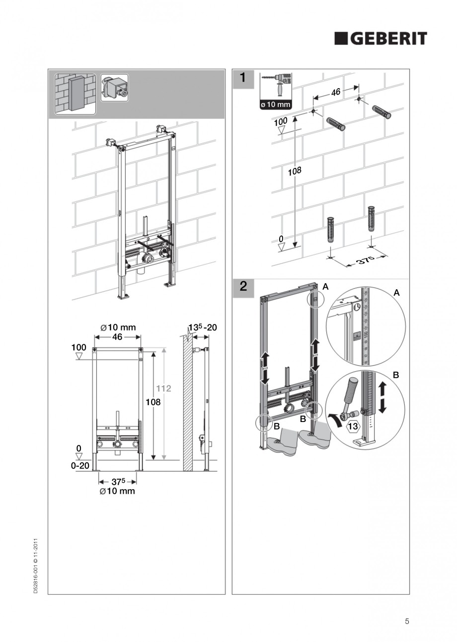 Pagina 5-Rezervor incastrat Duofix pentru bideu GEBERIT Instructiuni montaj, utilizare Engleza 30 220 250 240...