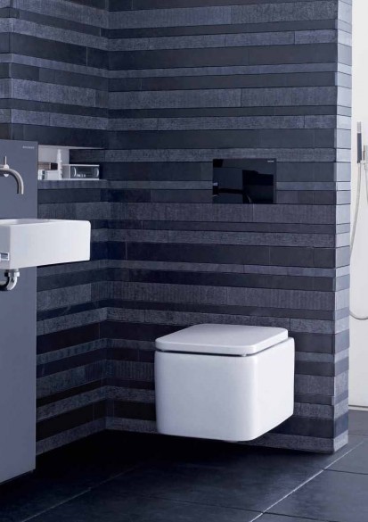 Amenajari camere de baie in culoarea gri cu sistem de WC cu rezervor incastrat AquaClean DuoFresh