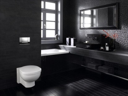 Amenajari camere de baie culoarea neagra cu sistem de WC incastrat AquaClean DuoFresh Monolith Amenajari camere