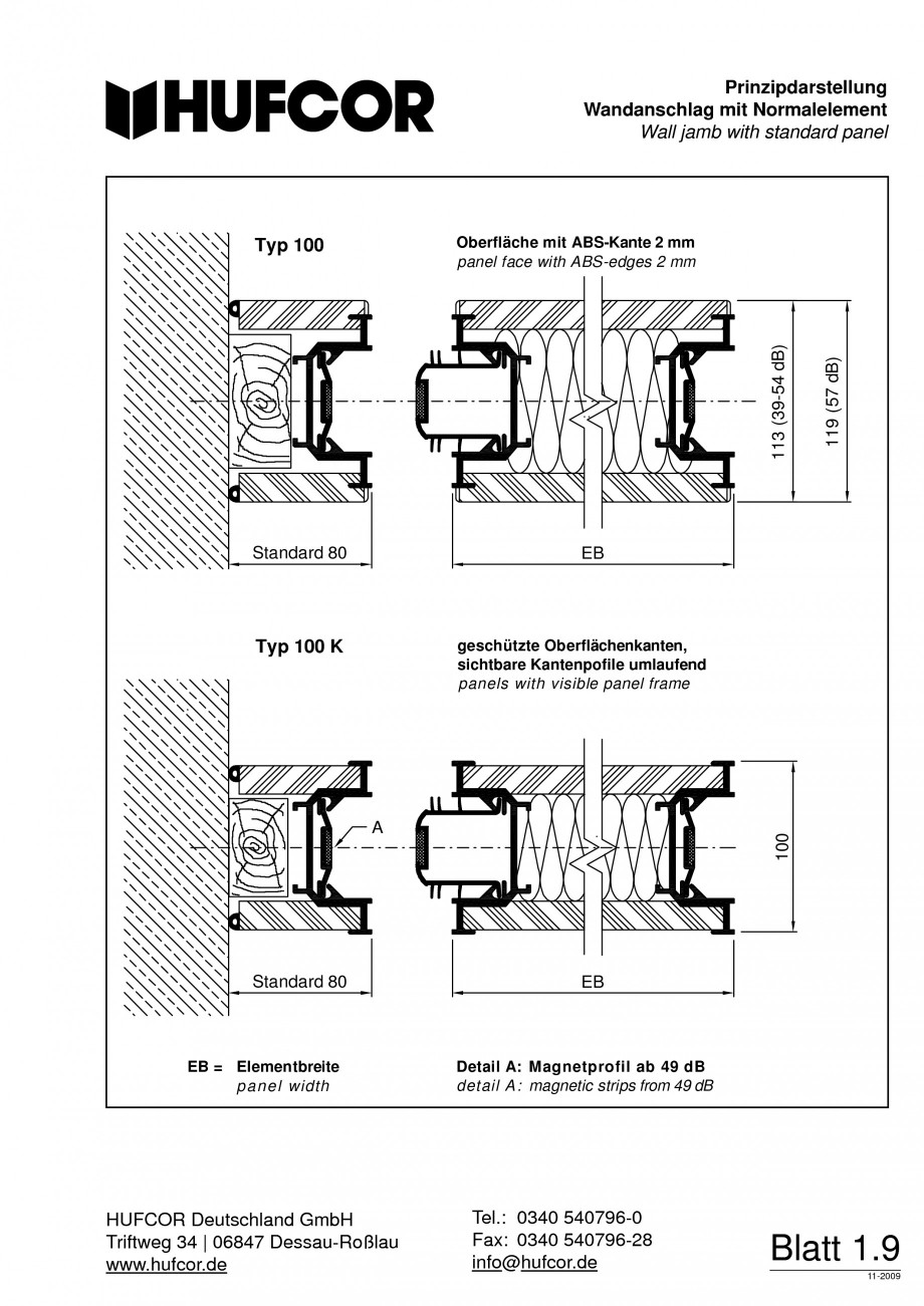 Pagina 10-Pereti amovibili HUFCOR Fisa tehnica Engleza, Germana ertikalschnitt, Zweipunktaufhängung...