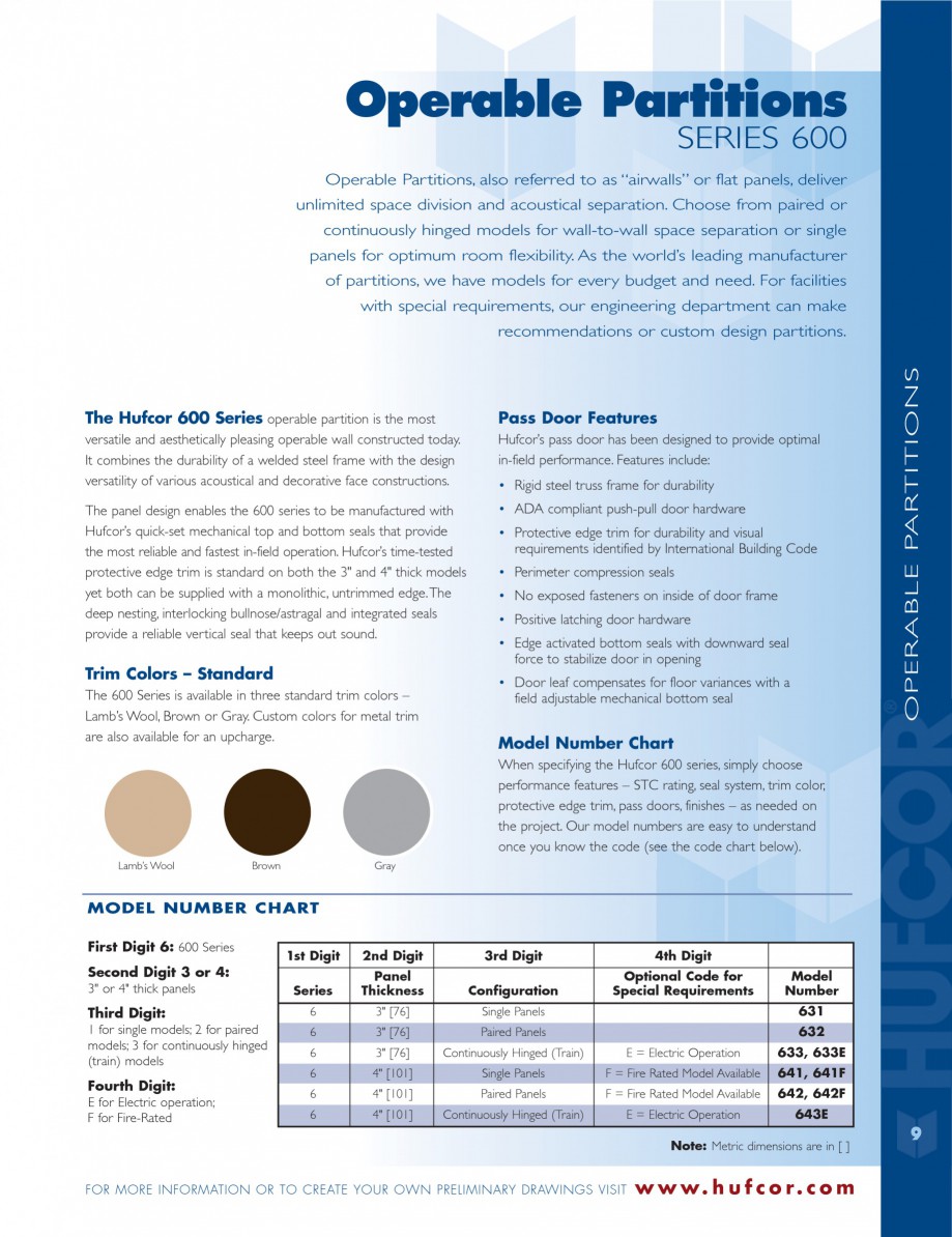 Pagina 9-Caracteristicile tehnice pentru peretii amovibili  HUFCOR Fisa tehnica Engleza (1 lU; 1 HSw; 1 Sd...