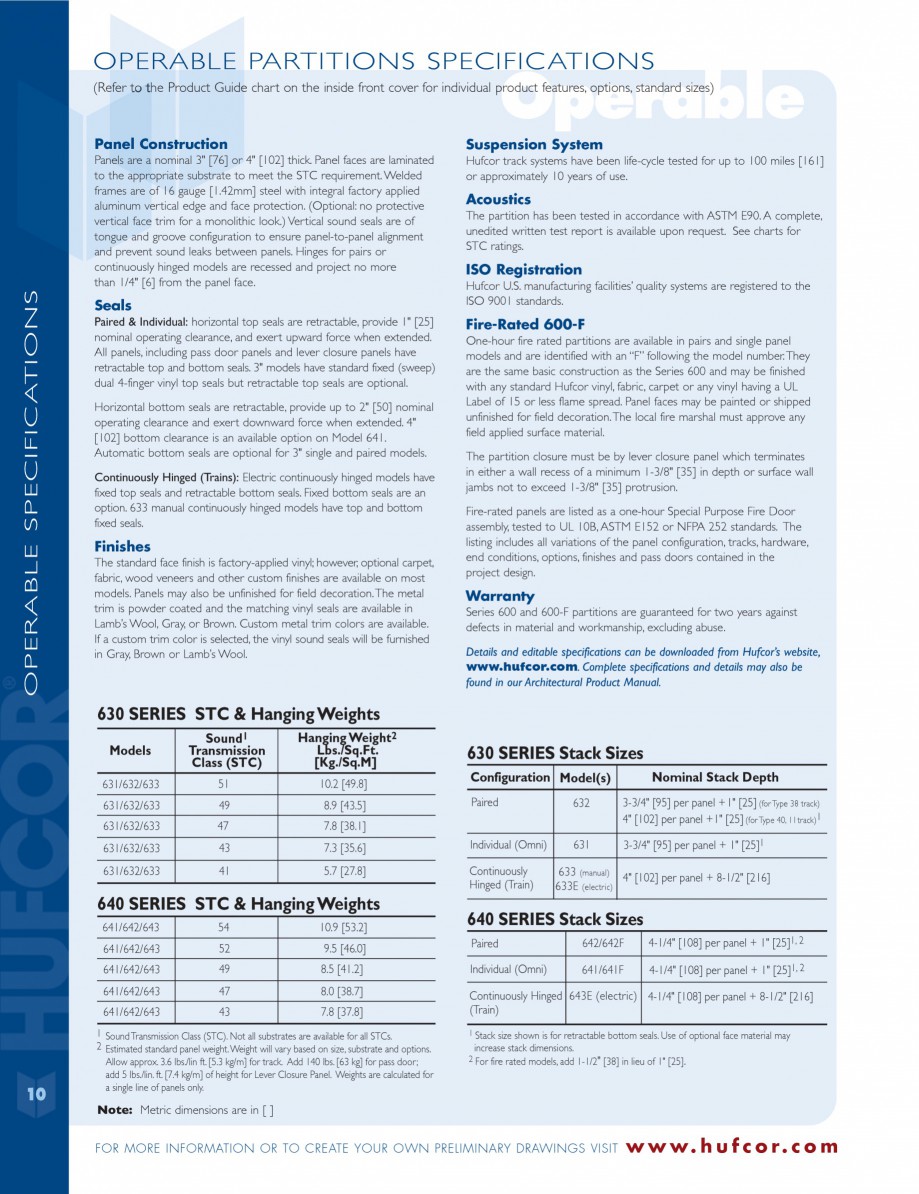 Pagina 10-Caracteristicile tehnice pentru peretii amovibili  HUFCOR Fisa tehnica Engleza ssistance. n/a = not ...