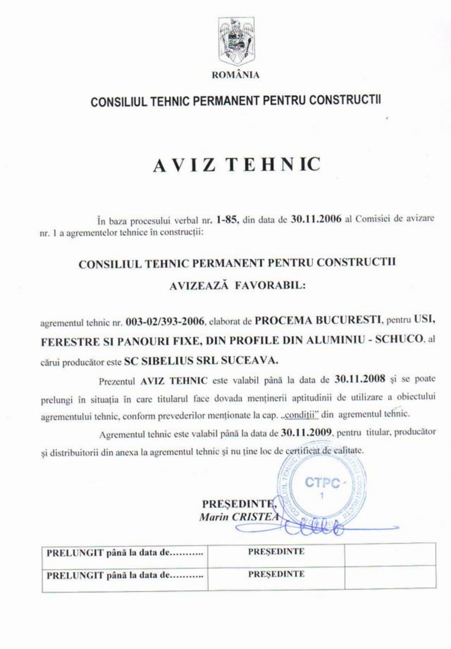 Pagina 1-Aviz tehnic - Usi, ferestre si panouri fixe, din profile de aluminiu - SCHUCO
  Certificare produs...