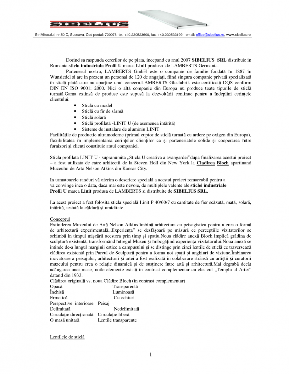 Pagina 1-Sticla in forma de U LINIT LINIT U Catalog, brosura Romana Str.Mitocului, nr.50 C, Suceava, Cod...