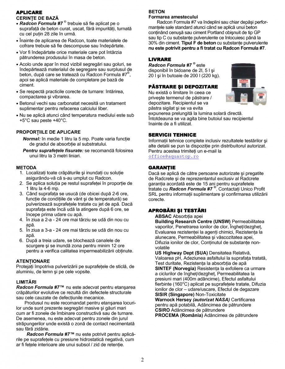 Pagina 2-Tratament de impermeabilizare
 UNICO PROFIT RADCON FORMULA #7 Fisa tehnica Romana Formula #7® este ...