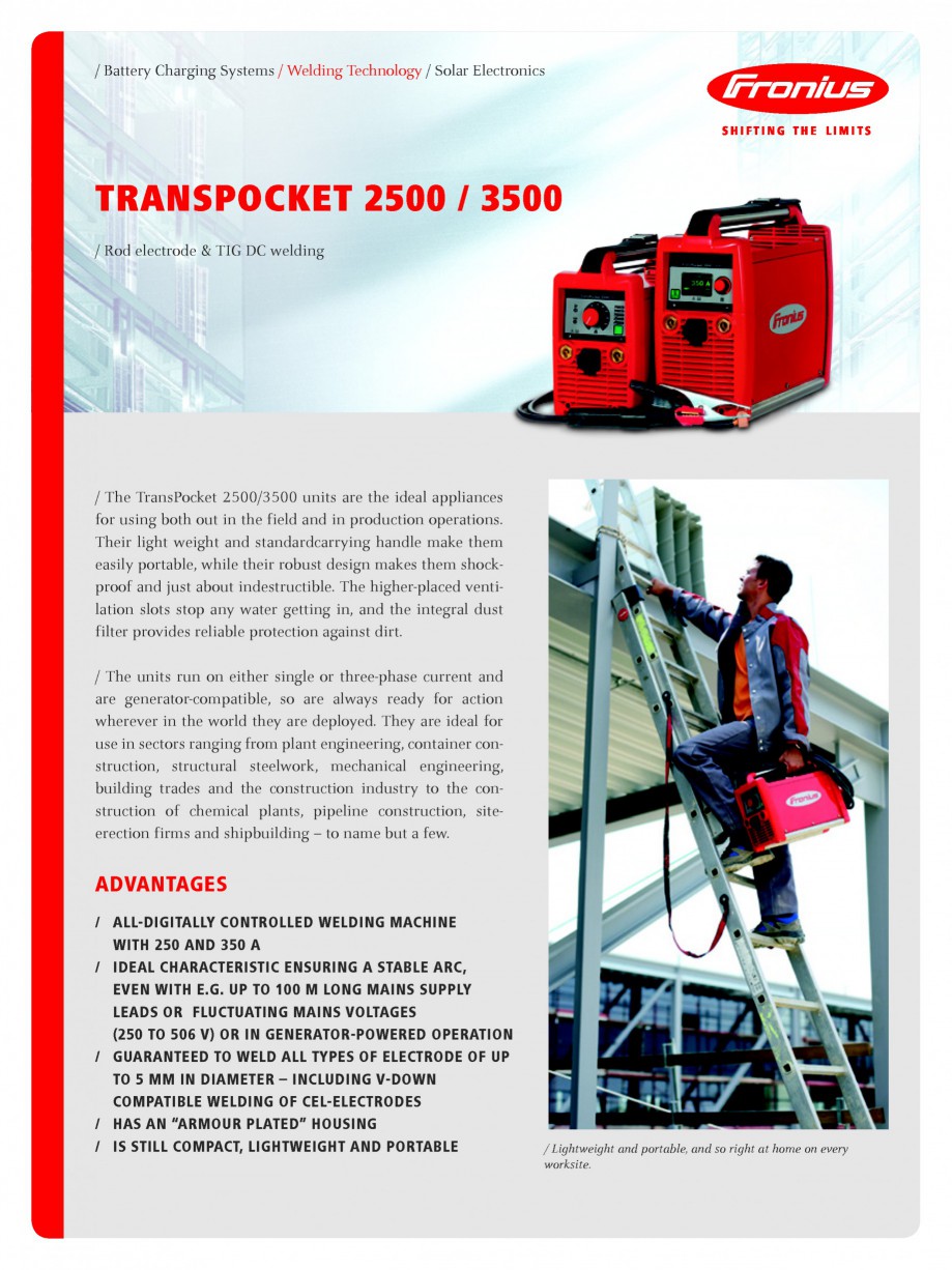 Pagina 1-Echipament de sudura cu electrozi SEI FRONIUS TransPocket 2500 Fisa tehnica Engleza / Battery...