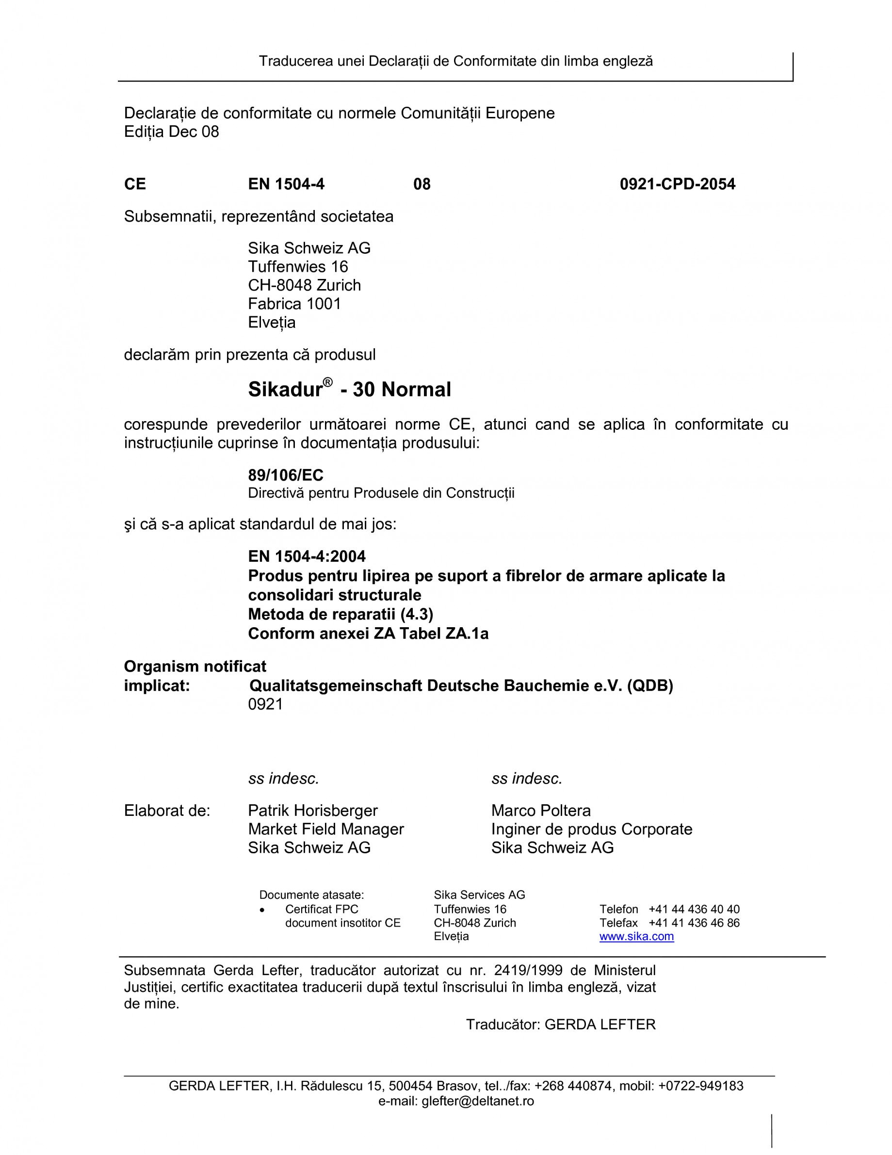 Declaratie De Conformitate Sika Sikadur 30 Certificare Produs Romana
