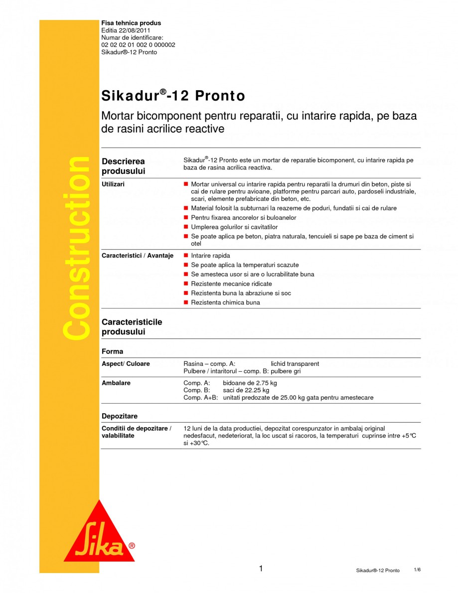 Mortar Bicomponent Pentru Reparatii Cu Intarire Rapida Sika Sikadur 12 Pronto Fisa Tehnica Romana