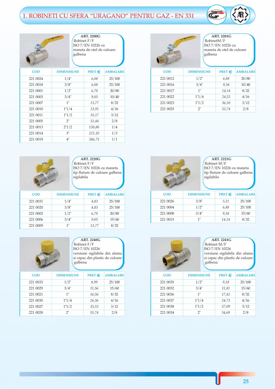 Pagina 3-Robineti pentru instalatii de gaz TIEMME TORNADO, URAGANO Catalog, brosura Romana G Robinet M/F ISO ...