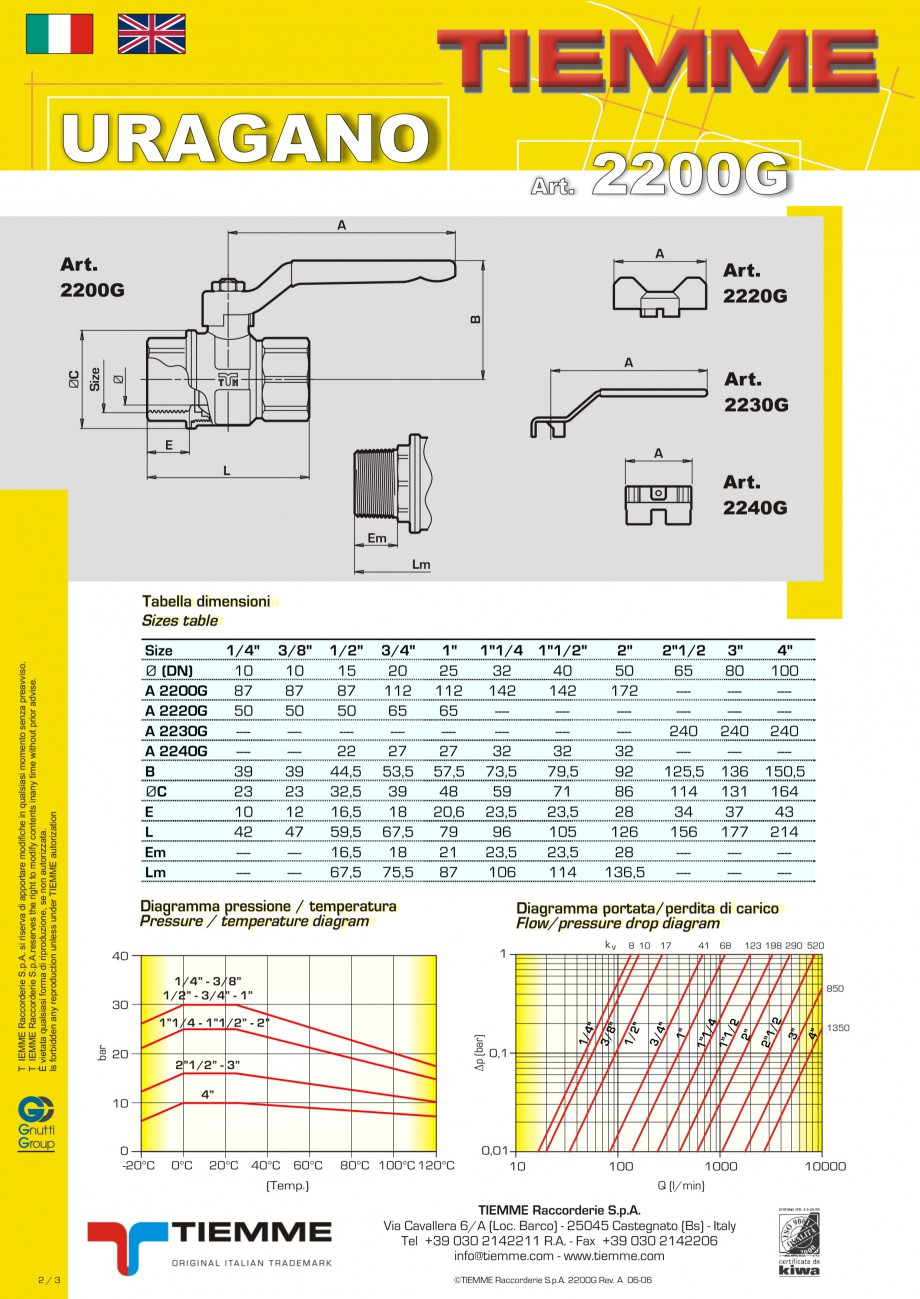 Pagina 2-Robinet cu sfera pentru gaz
 TIEMME URAGANO Fisa tehnica Engleza, Italiana uitable for domestic and ...