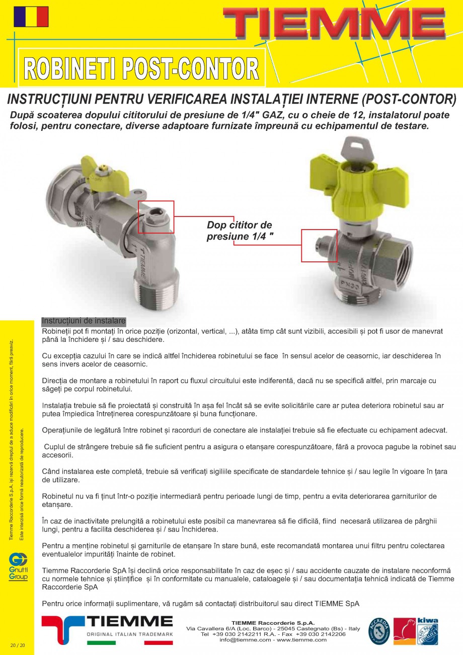 Pagina 20-Robineti de gaz pentru instalare post-control TIEMME PCONT01, PCONT01SER, PCONT02,  PCONT02SER,...