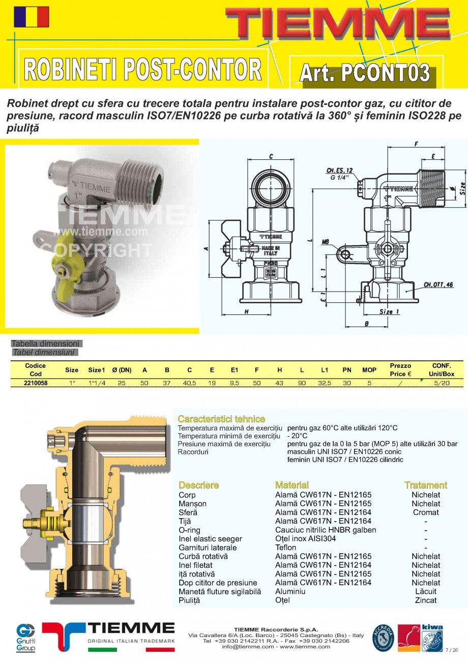 Pagina 1-Robinet de gaz pentru instalare post-control TIEMME PCONT03 Fisa tehnica Romana ROBINETI POST-CONTOR...