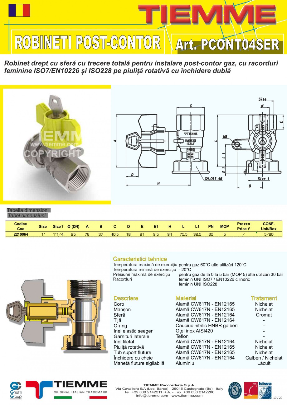 Pagina 1-Robinet de gaz pentru instalare post-control TIEMME PCONT04SER Fisa tehnica Romana ROBINETI...