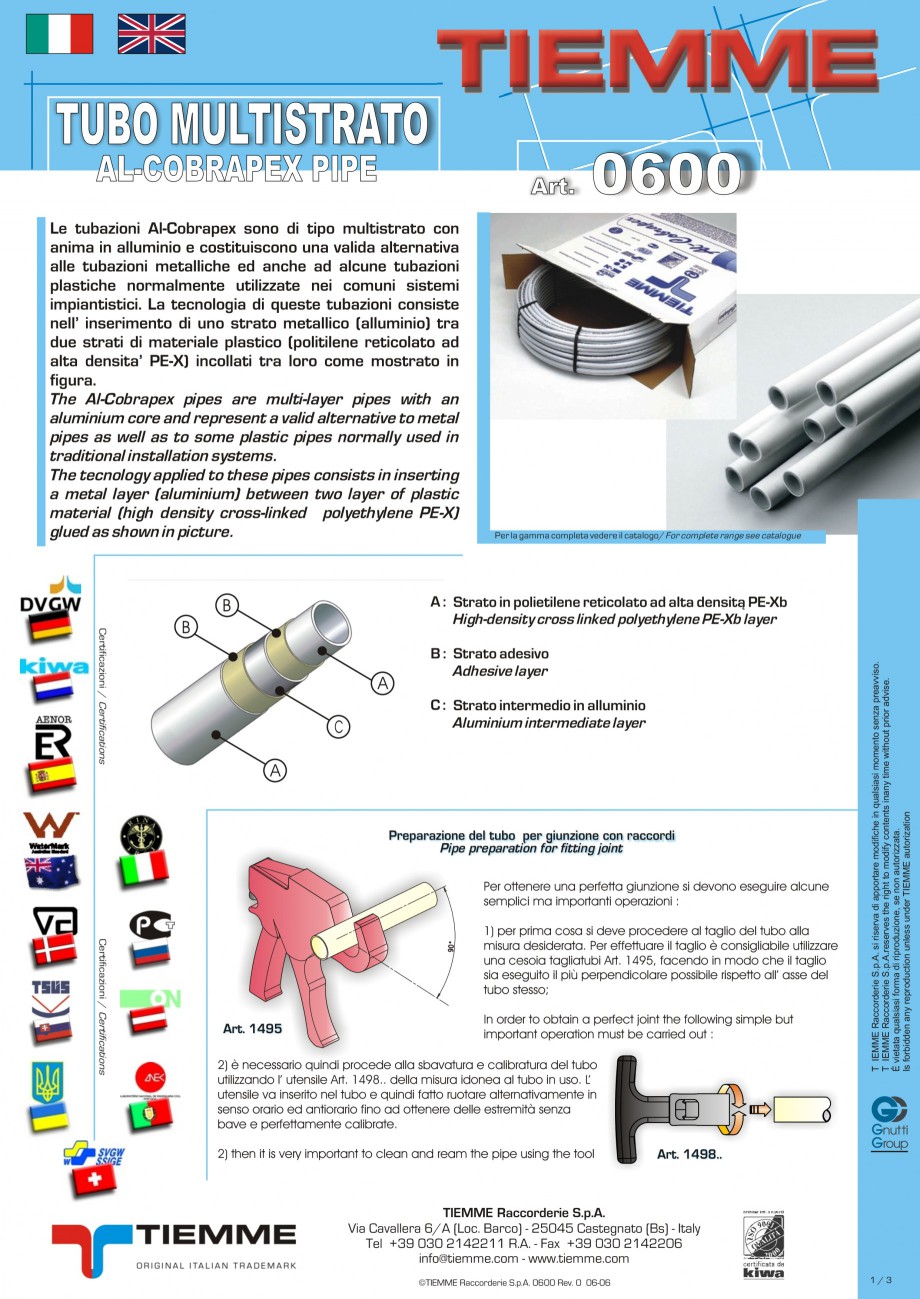 Pagina 1-Tuburi multistrat cu insertie de aluminiu
 TIEMME Fisa tehnica Romana, Engleza, Italiana TUBO...