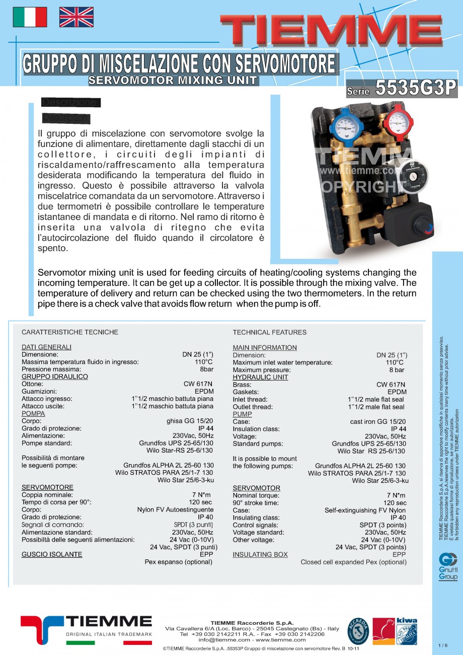 Pagina 1-Grup de amestec cu servomotor TIEMME 5535G3P Fisa tehnica Italiana, Engleza GRUPPO DI MISCELAZIONE...