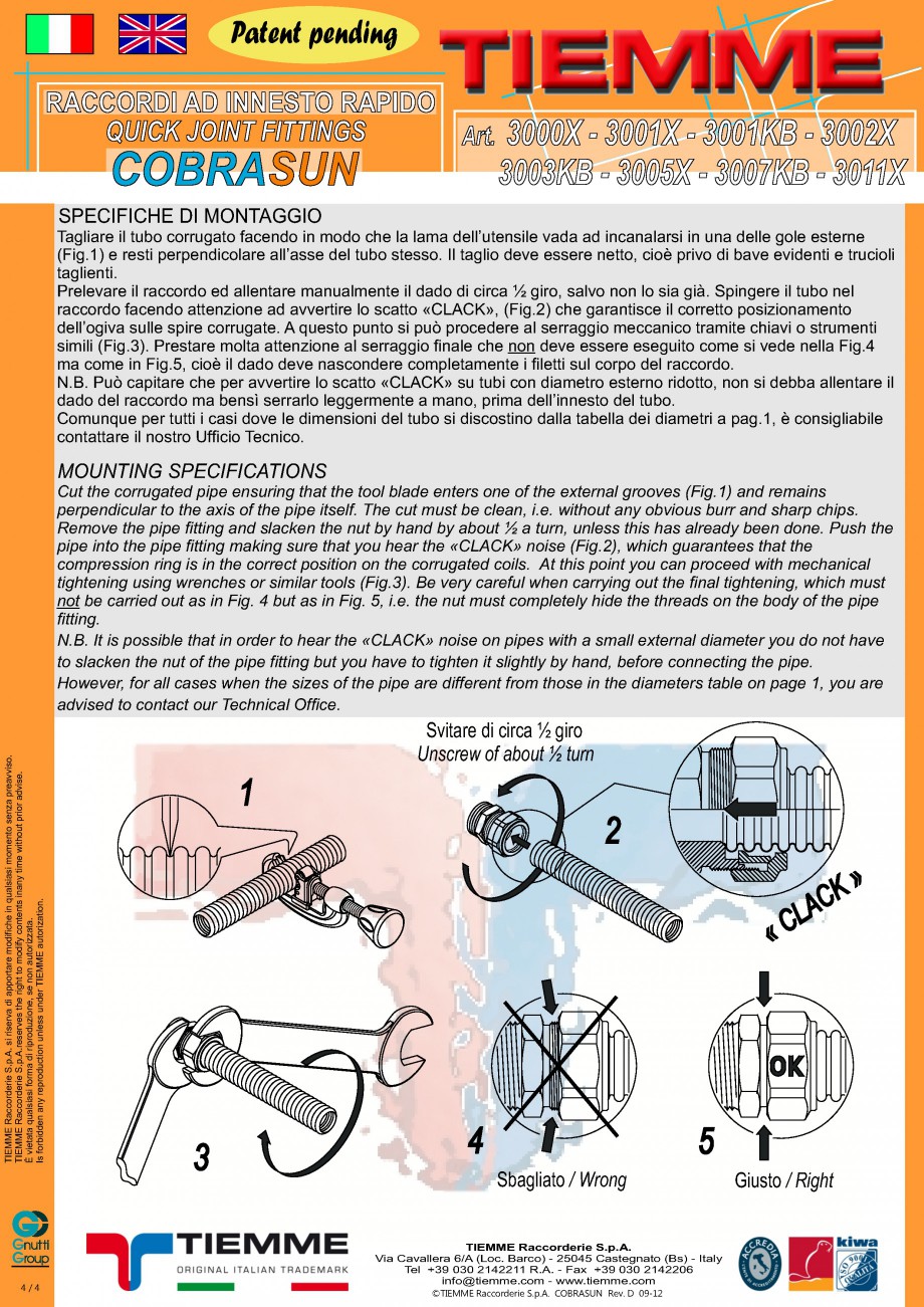 Pagina 4-Racorduri cu prindere rapida TIEMME COBRASUN Fisa tehnica Romana 2 X 3 /4 