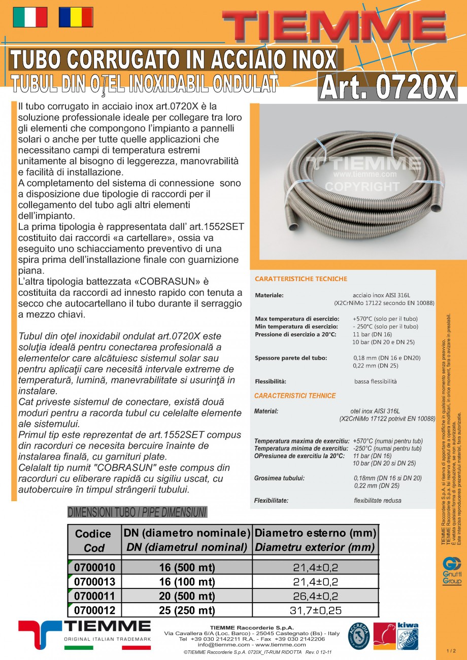 Pagina 1-Tub din otel inoxidabil ondulat TIEMME 0720X Fisa tehnica Romana, Italiana TUBO CORRUGATO IN ACCIAIO...