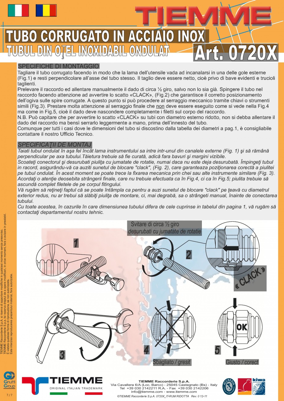 Pagina 2-Tub din otel inoxidabil ondulat TIEMME 0720X Fisa tehnica Romana, Italiana ă pentru conectarea...