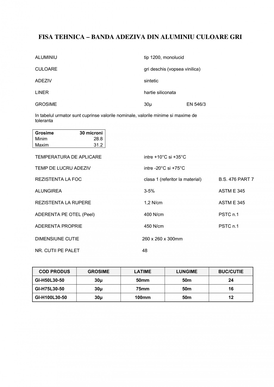 Pagina 1-Banda adeziva din aluminiu de culoare gri BANDATECH Banda aluminu neted Fisa tehnica Romana FISA...