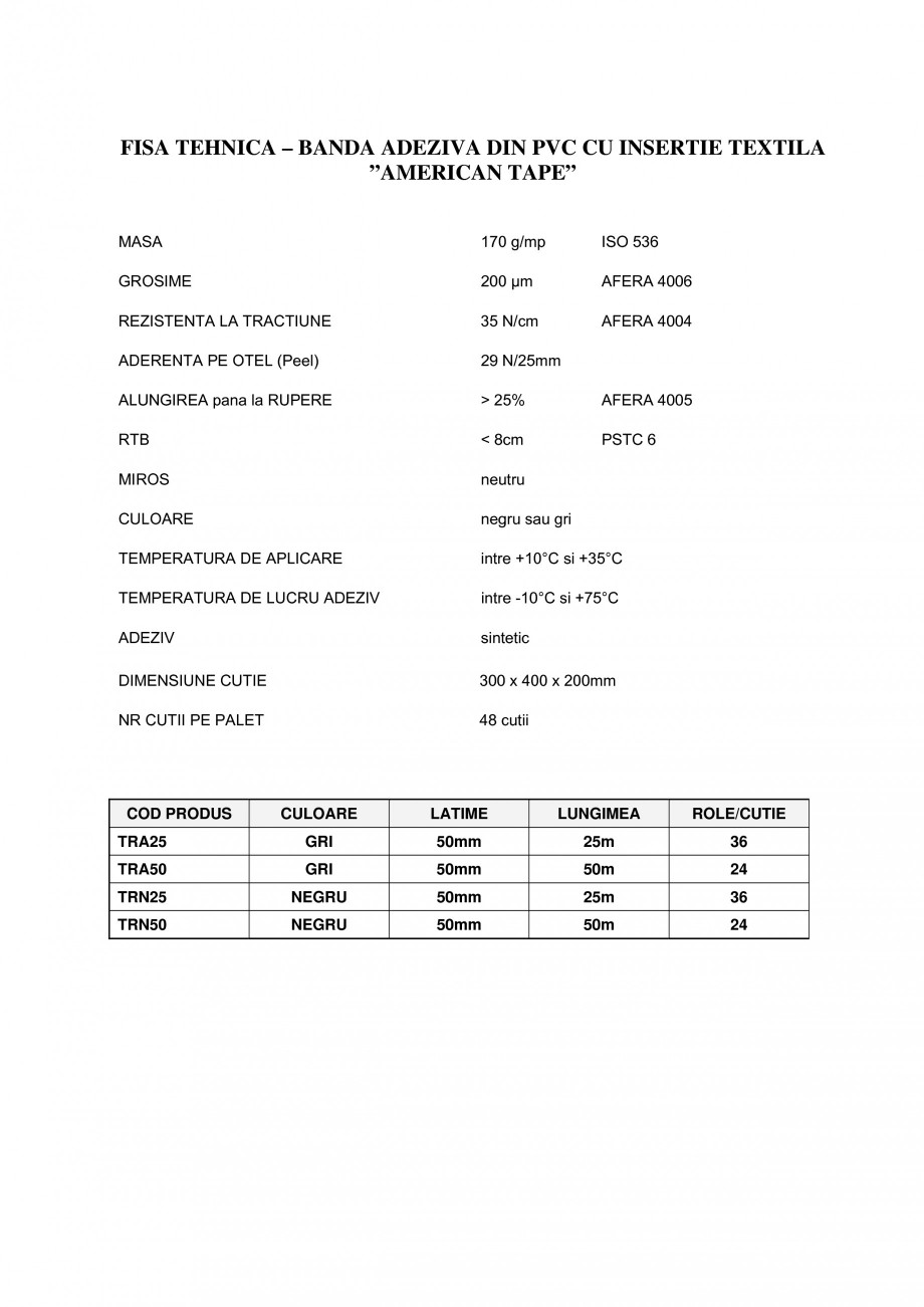 Pagina 1-Banda adeziva din PVC cu insertie textila BANDATECH AMERICAN TAPE Fisa tehnica Romana FISA TEHNICA...