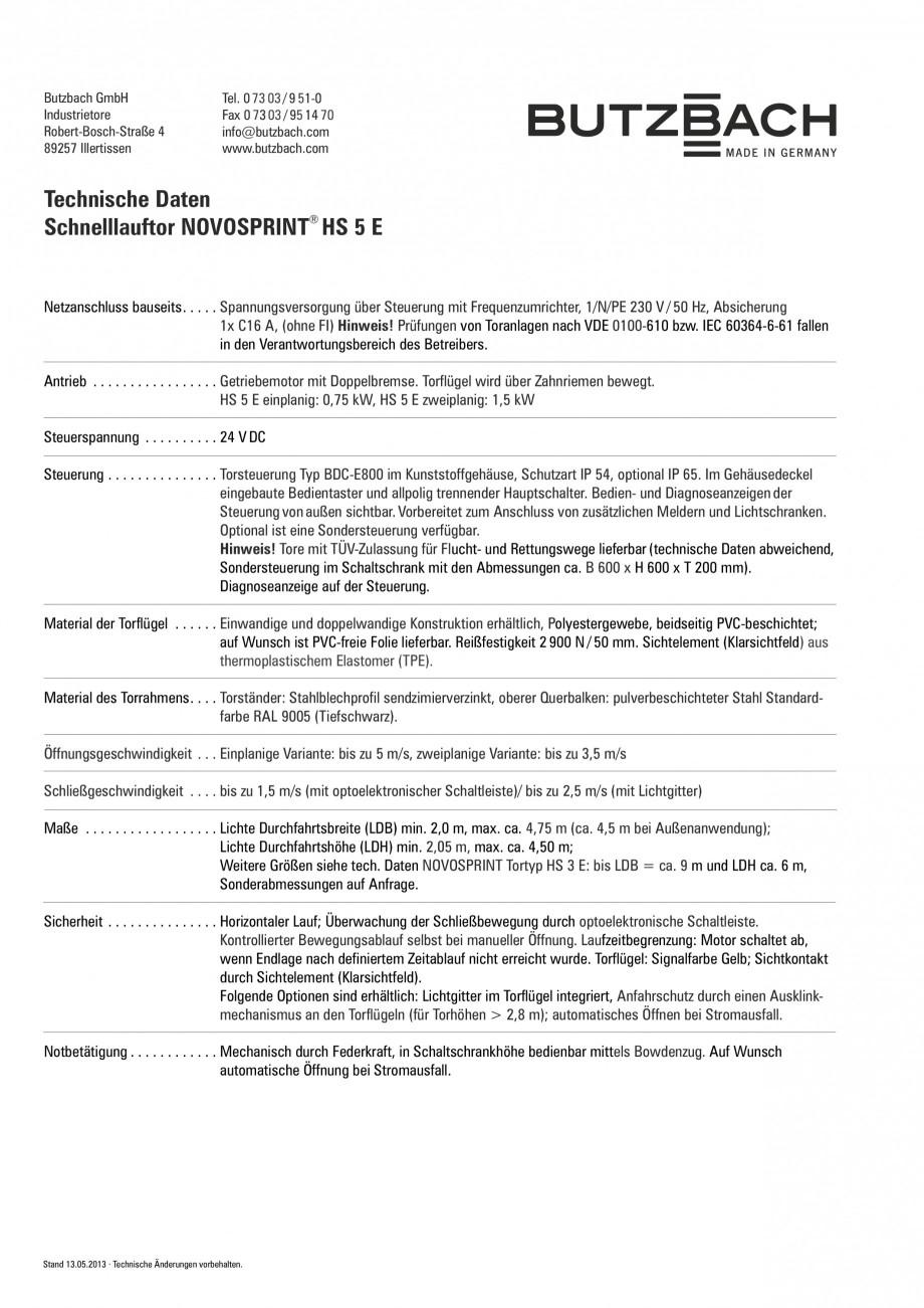 Pagina 2-Usi industriale rapide BUTZBACH Novosprint Syncro Fisa tehnica Germana 
180

20

~325

11
Montage...