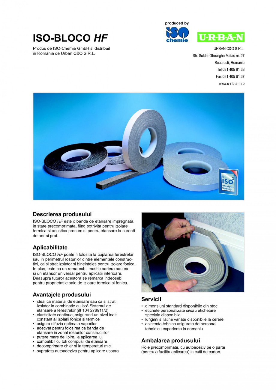 Pagina 1-Banda de etansare impregnata, in stare precomprimata ISO Chemie ISO-BLOCO HF Fisa tehnica Romana...
