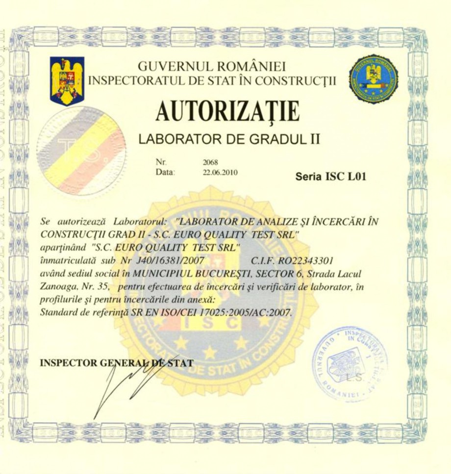 Pagina 1-Laborator de analize si incercari in constructii gradul II EURO QUALITY TEST Certificare produs...
