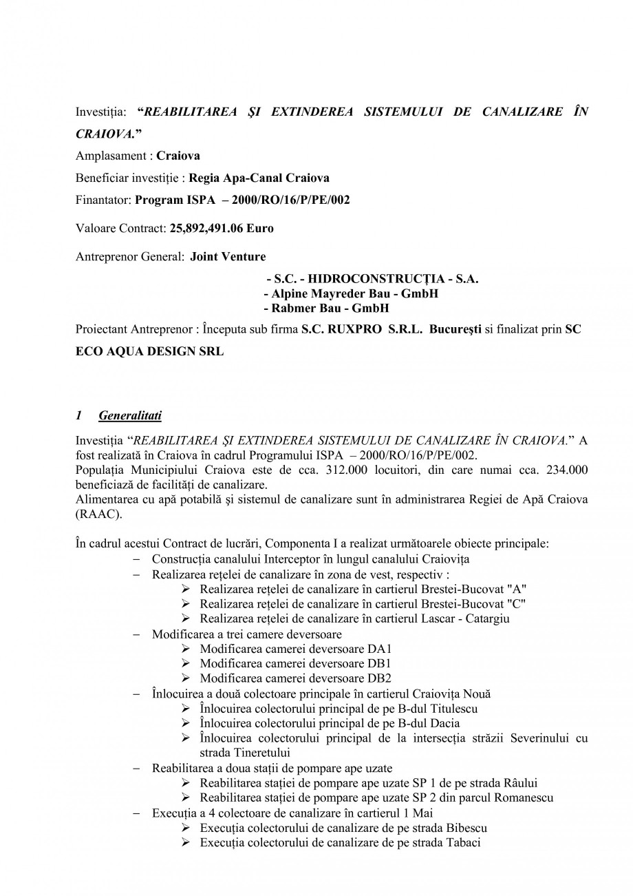Pagina 1-Alimentare cu apa si canalizare - Prezentare ISPA Craiova PIF 2009  Lucrari, proiecte Romana...