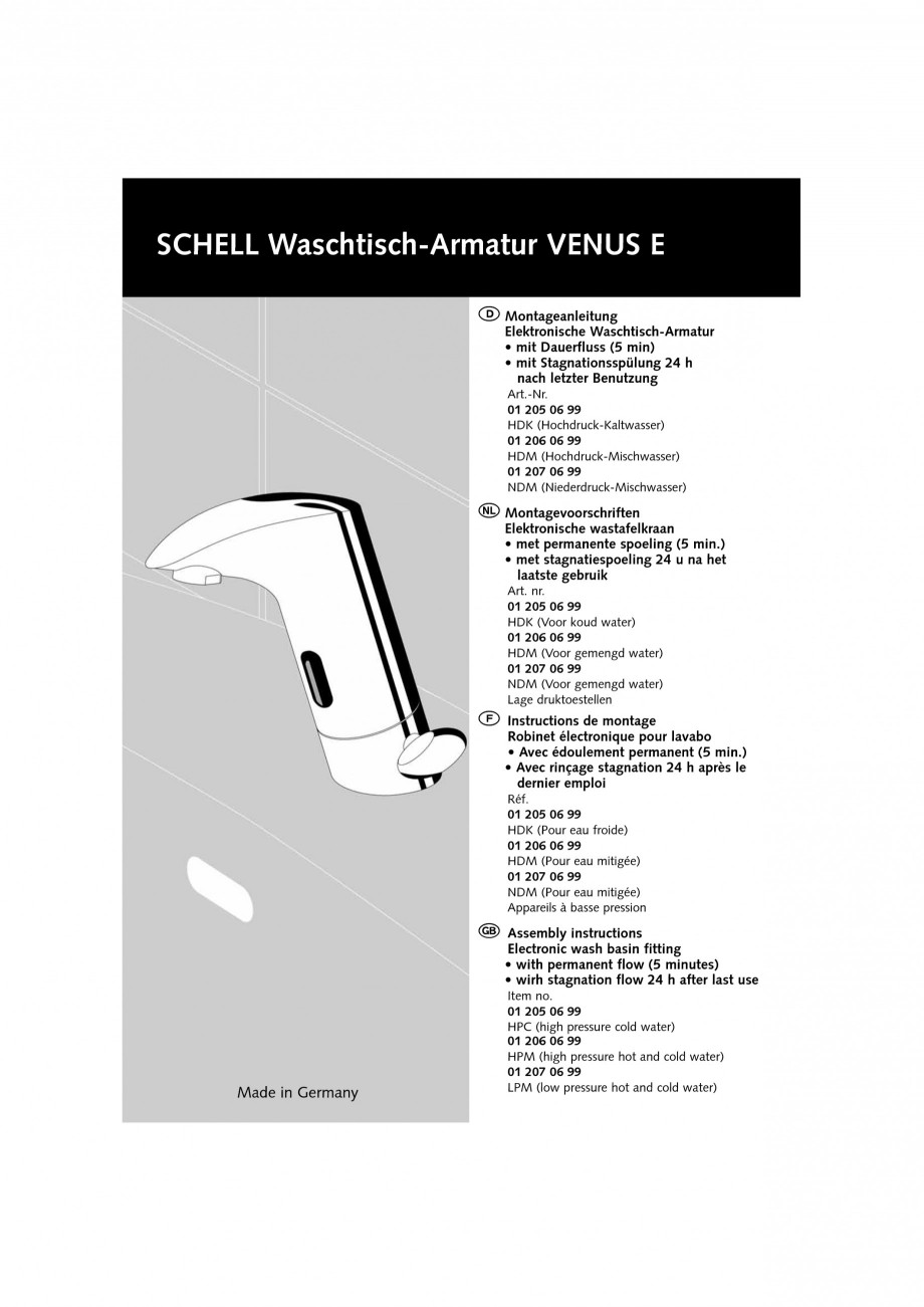 Pagina 1 - Baterie cu senzor electronic pentru lavoar SCHELL VENUS E Tip HD-K, VENUS E Tip HD-M,...