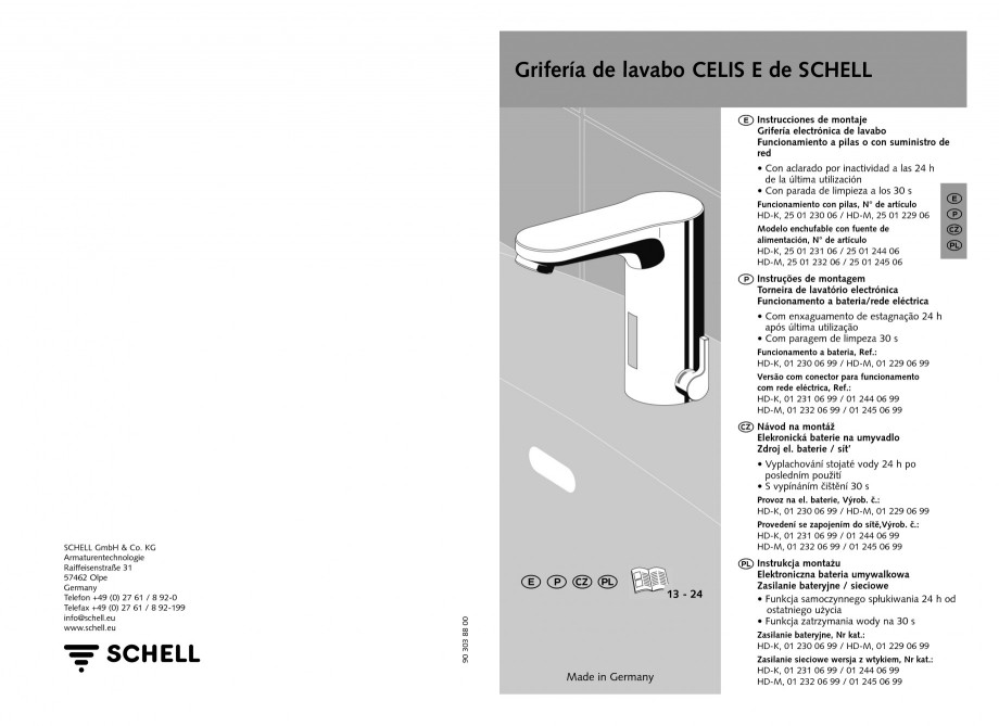 Pagina 7-Baterii cu senzor electronic pentru lavoare - alimentate de la retea SCHELL CELIS E Tip HD-K, CELIS ...